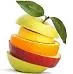 Fette di frutta colorate sovrapposte formano una mela stilizzata, simbolo di creatività e varietà nei contenuti e-learning