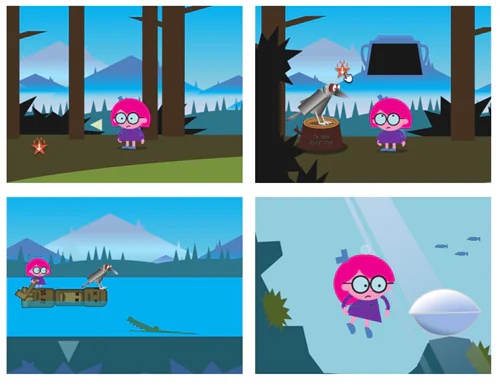 Quattro scene illustrate di un modulo e-learning con personaggio cartoon in ambientazioni di gioco ispirate a Hero Land