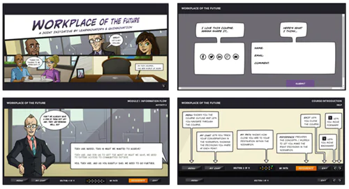 Quattro schermate di un corso e-learning ambientato in un ufficio futuristico con elementi interattivi e dialoghi a fumetti